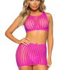 Leg Avenue Crochet Net Tank Crop Top and Mini Skirt (2 pieces) - O/S - Neon Pink