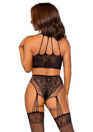 Leg Avenue Lace and Net Halter Crop Top and High Waist Crotchless Garter Panty with Attached Stockings (2 pieces) - O/S - Black