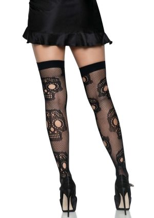 Leg Avenue Sugar Skull Net Thigh Highs - O/S - Black