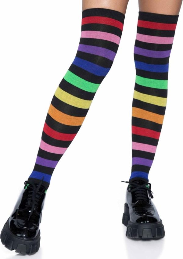 Acrylic Rainbow Stripe Thigh High Socks - O/S