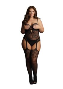 Le Desir Suspender Rhinestone Bodystocking - Queen - Black