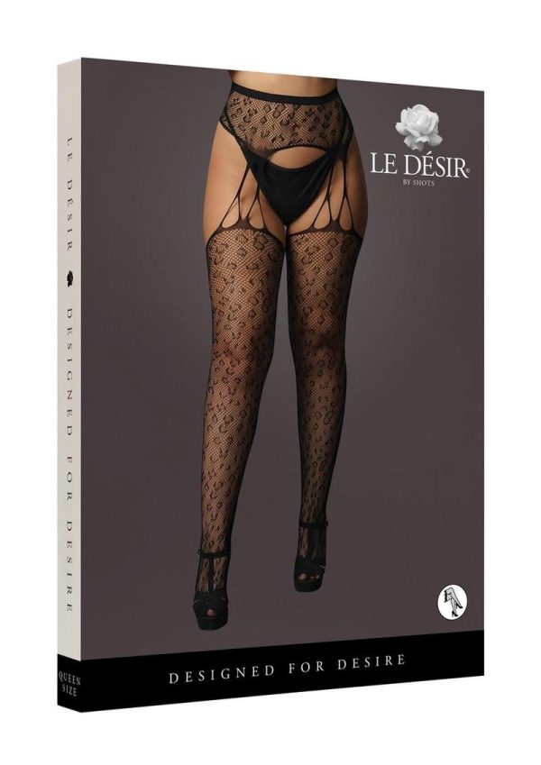 Le Desir Suspender Leopard Pantyhose - Queen - Black