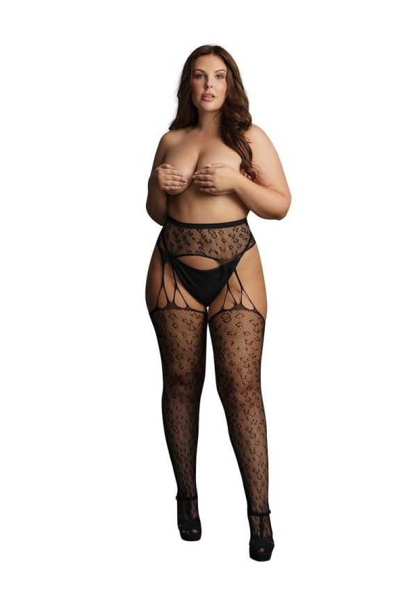 Le Desir Suspender Leopard Pantyhose - Queen - Black