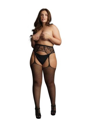 Le Desir Fishnet and Lace Garterbelt Stockings - Queen - Black