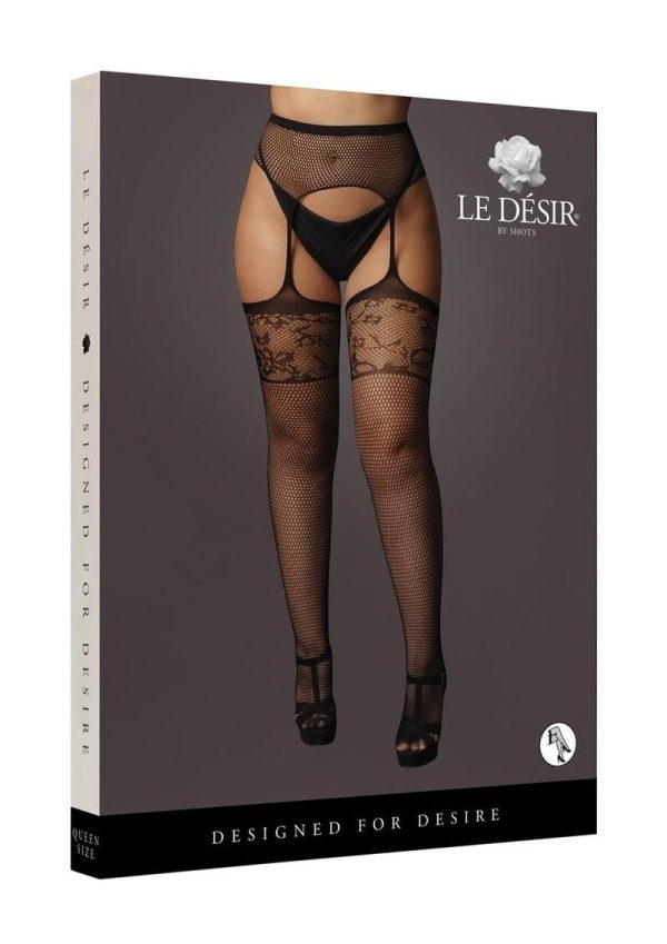 Le Desir Garterbelt Stockings with Lace Top - Queen - Black