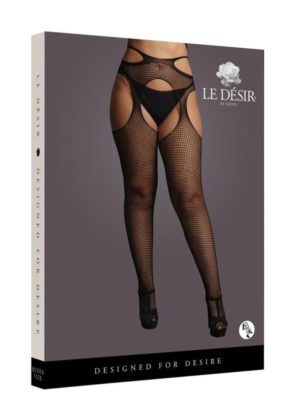 Le Desir Suspender Pantyhose with Strappy Waist - Queen - Black