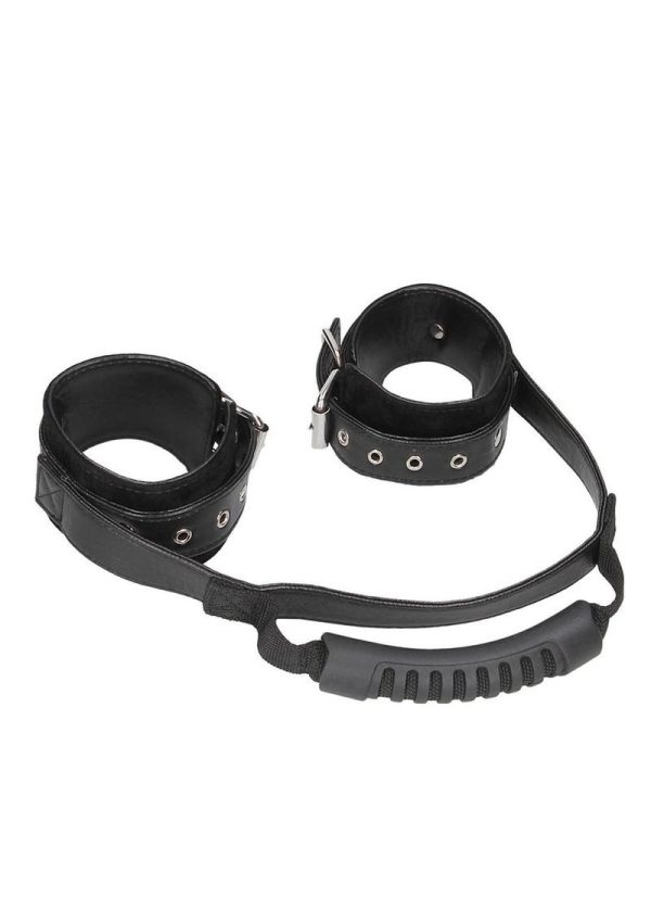 Ouch! Bonded Leather Hand Cuffs with Handle - Black