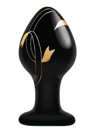 Secret Kisses Handblown Glass Anal Plug 3.5in - Black/Gold