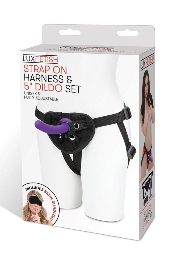 Lux Fetish Strap on Harness and Silicone Dildo Set 5in - Black/Purple