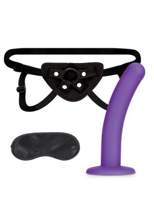 Lux Fetish Strap on Harness and Silicone Dildo Set 5in - Black/Purple