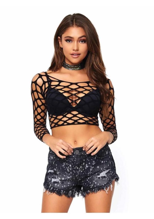 Leg Avenue Pothole Net Long Sleeved Crop Top - O/S - Black