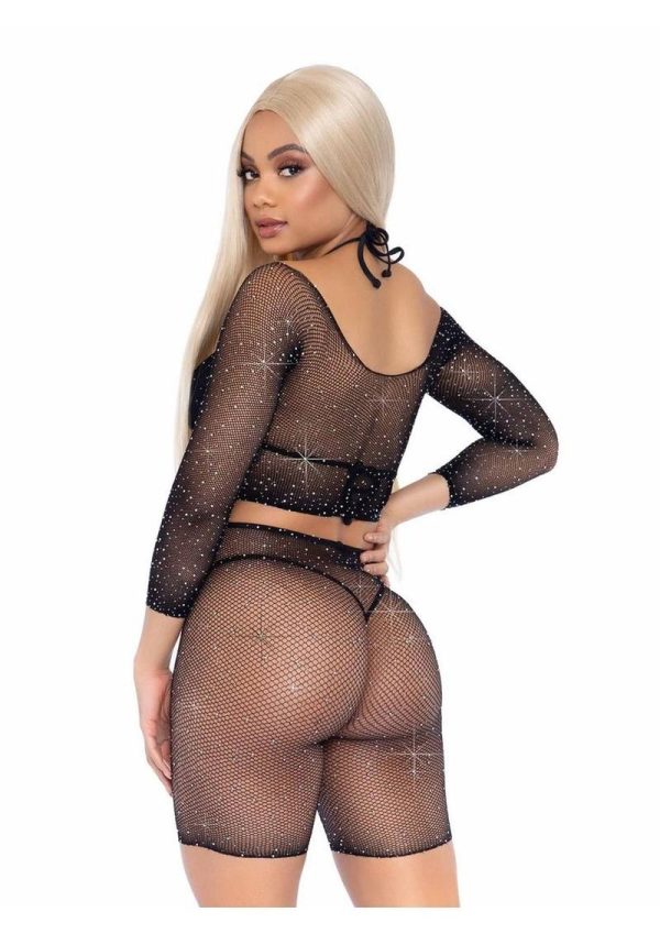 Leg Avenue Rhinestone fishnet long sleeve crop top and biker shorts (2 Piece) - O/S - Black