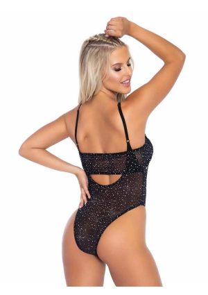 Leg Avenue Rhinestone Mesh Bandeau and Suspender Bodysuit (2 Piece) - O/S - Black