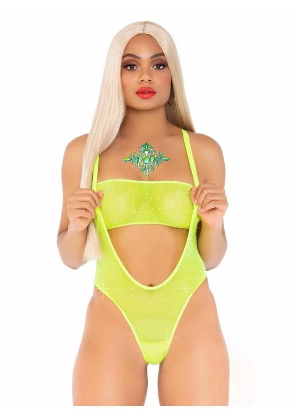 Leg Avenue Rhinestone Mesh Bandeau and Suspender Bodysuit (2 Piece) - O/S - Neon Yellow