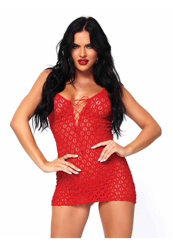 Leg Avenue Mini Dress with Lace Up Front and G-String - O/S - Red