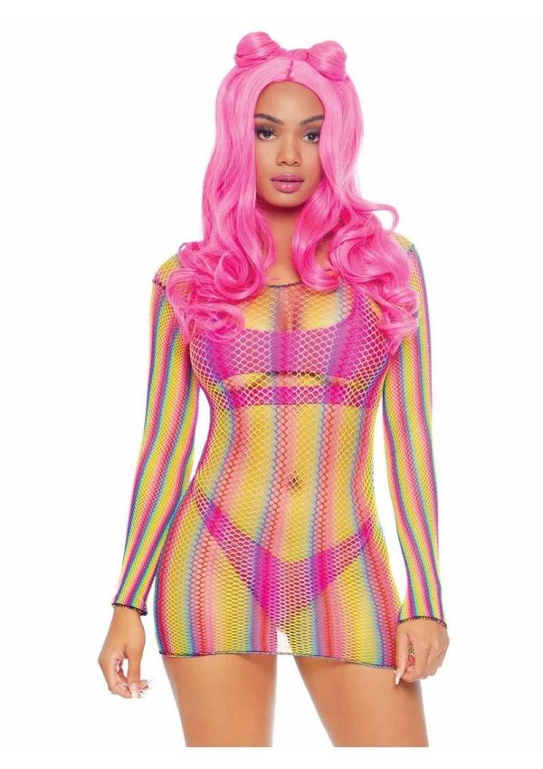 Rainbow Fishnet Long Sleeve Mini Dress - O/S - Multicolor