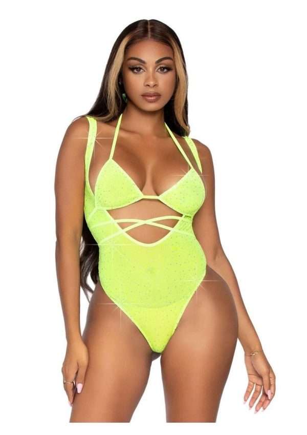 Leg Avenue Rhinestone Mesh Wrap Around Bikini Top and Suspender Bodysuit (2 Piece) - O/S - Yellow