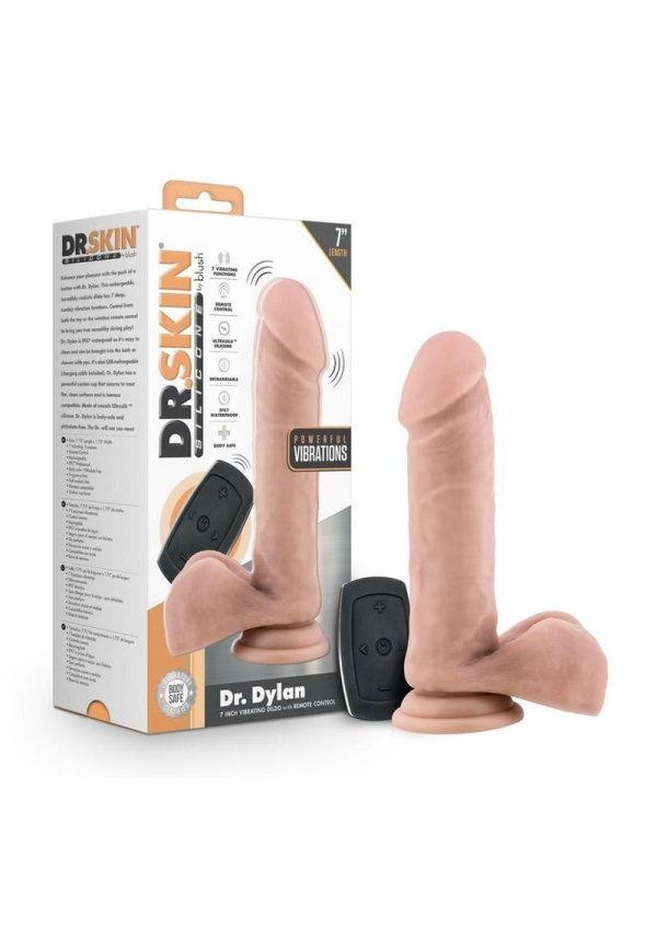 Dr. Skin Platinum Collection Silicone Dr. Dylan Rechargeable Vibrating Dildo with Remote Control 7in - Vanilla