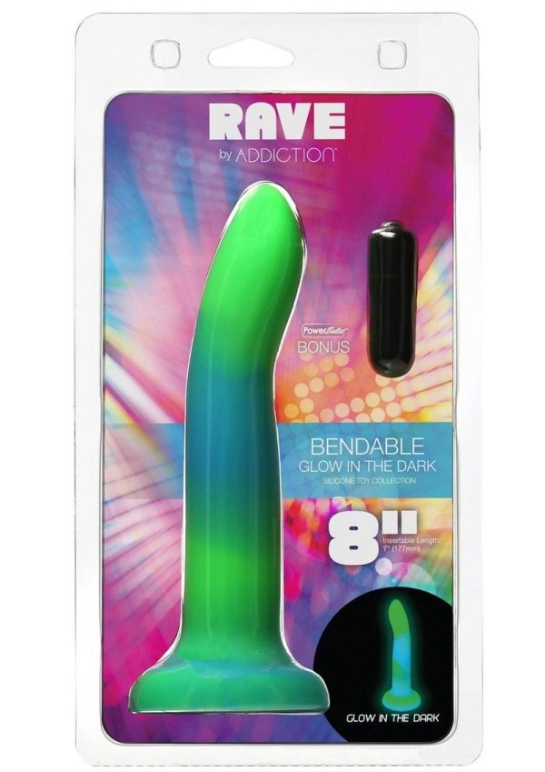 Addiction Rave Silicone Glow In The Dark Dildo 8in - Blue/Green