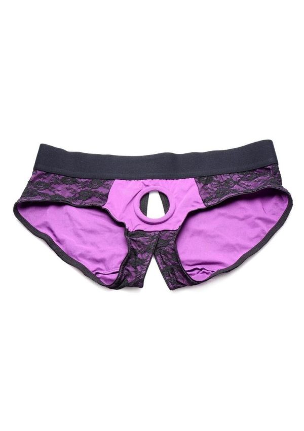 Strap U Lace Envy Lace Crotchless Panty Harness - XXXLarge - Purple/Black