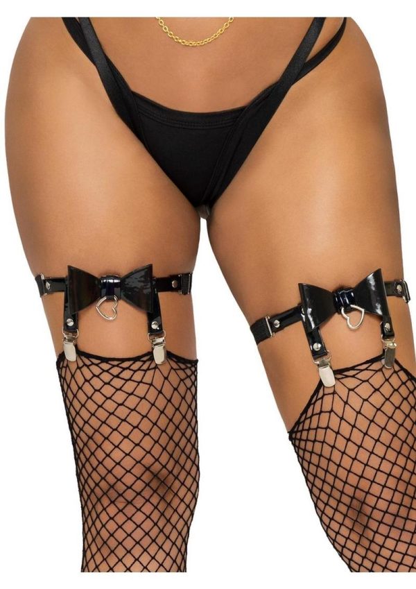 Vegan Leather Thigh High Bow Garter with Adjustable Straps and Heart Ring Accent - O/S - Black