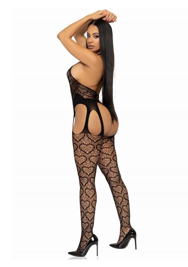 Leg Avenue Seamless Heart Net Suspender Bodystocking - O/S - Black