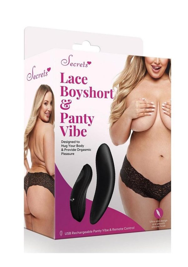 Secrets Lace Boyshort and Rechargeable Remote Control Panty Vibe - Q/S - Black