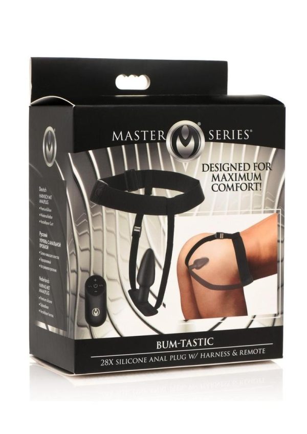 Master Series Bum-Tastic 28X Rechargeable Silicone Anal Plug with Harness and Remote Control - Black