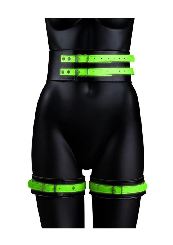 Ouch! Thigh Cuffs with Belt and Handcuffs Glow in the Dark - Small/Medium - Green