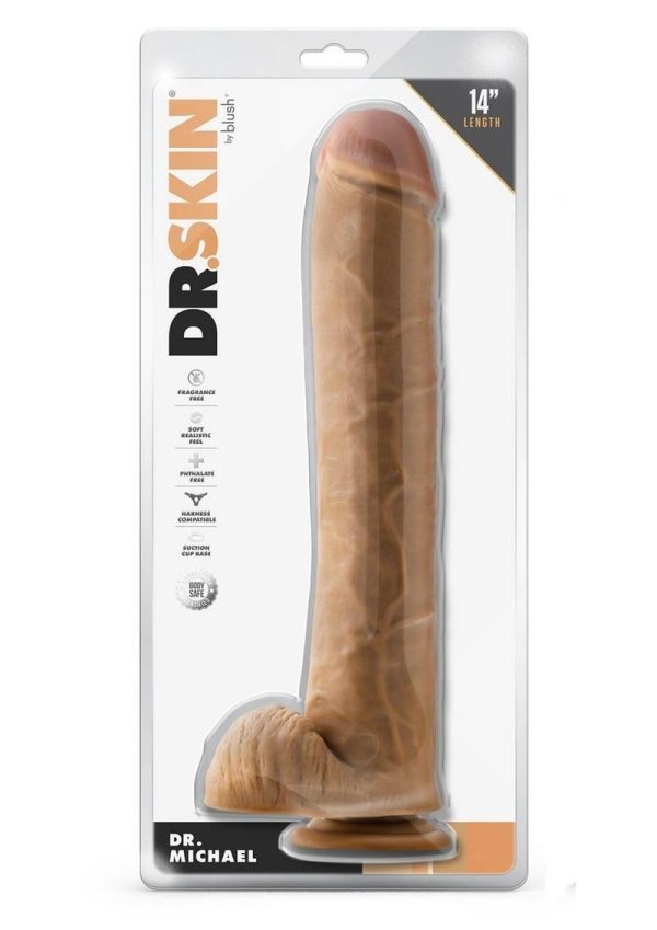 Dr. Skin Silver Collection Dr. Michael Dildo with Balls and Suction Cup 14in - Caramel