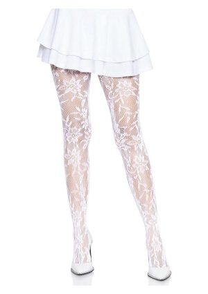 Leg Avenue Seamless Chantilly Floral Lace Tights - O/S - White