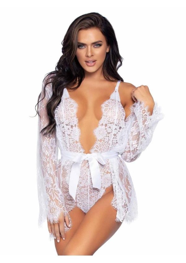 Leg Avenue Floral Lace Teddy with Adjustable Straps and Cheeky Thong Back Matching Lace Robe with Scalloped Trim and Satin Tie - Medium - White