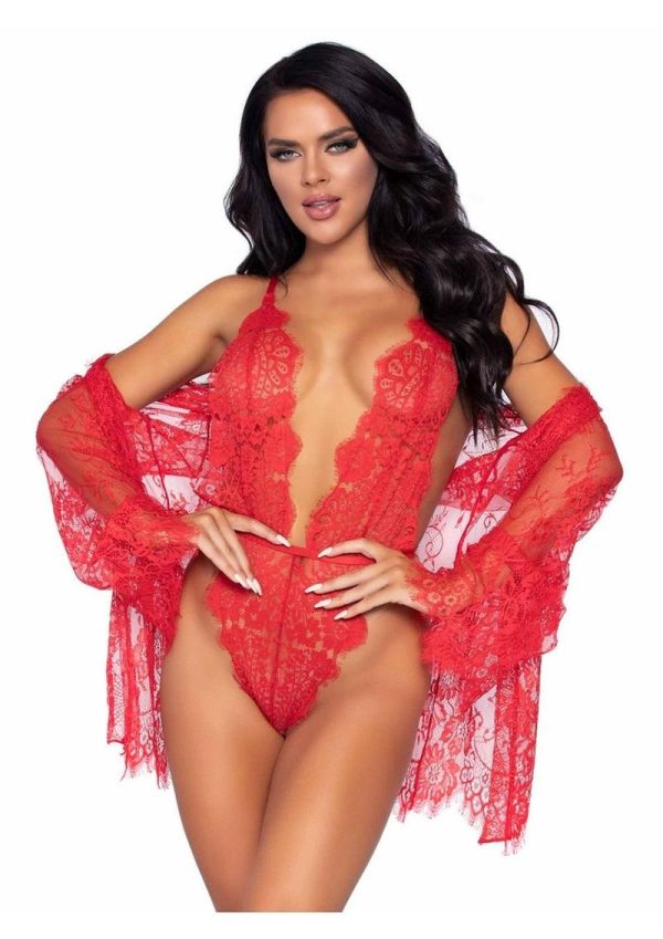 Leg Avenue Floral Lace Teddy with Adjustable Straps and Cheeky Thong Back Matching Lace Robe with Scalloped Trim and Satin Tie - Small - Red