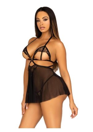 Leg Avenue Open Cup Eyelash Lace and Mesh Babydoll with Heart Ring Accent and Matching Panty - Small - Black