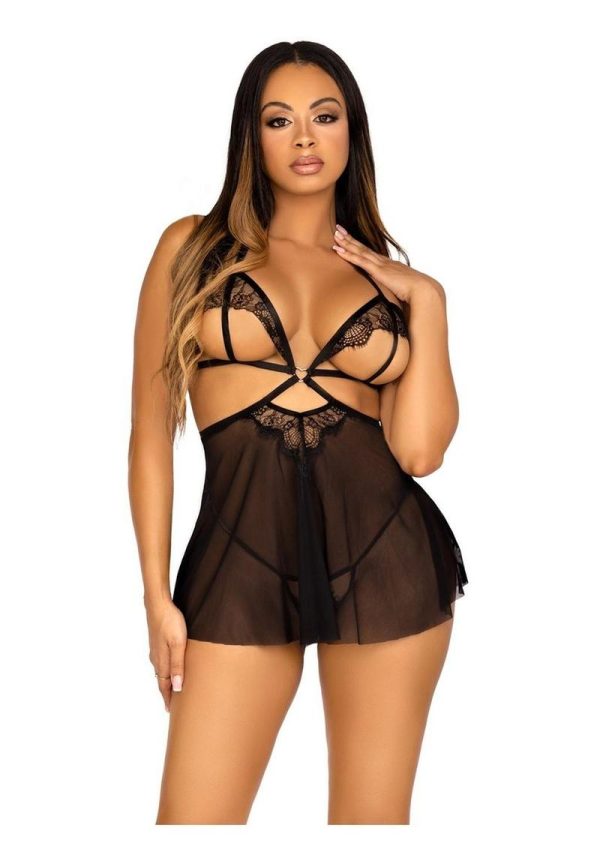 Leg Avenue Open Cup Eyelash Lace and Mesh Babydoll with Heart Ring Accent and Matching Panty - Large - Black