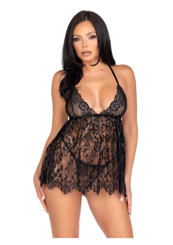 Leg Avenue Floral Lace Babydoll with Eyelash Lace Scalloped Hem Adjustable Cross-Over Straps and G-String Panty - Medium - Black