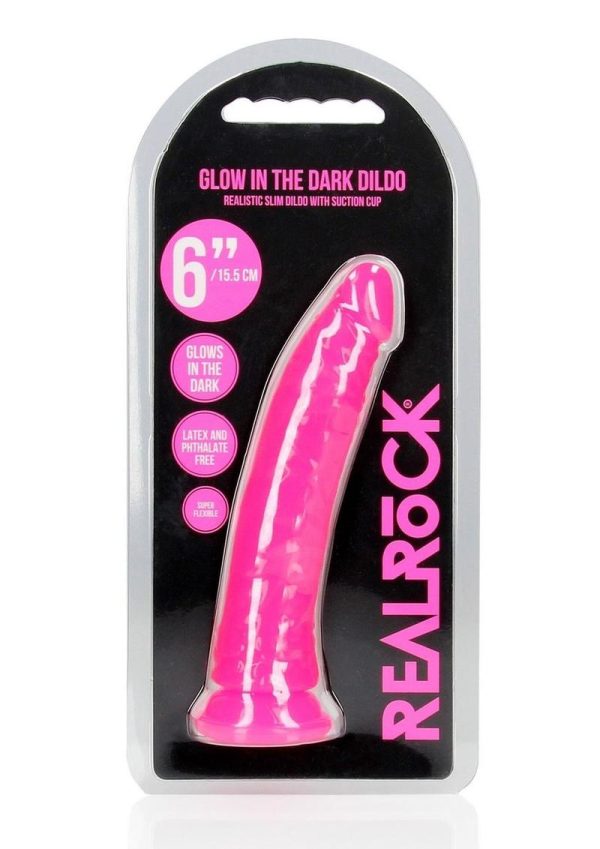 RealRock Slim Glow in the Dark Dildo with Suction Cup 6in - Pink