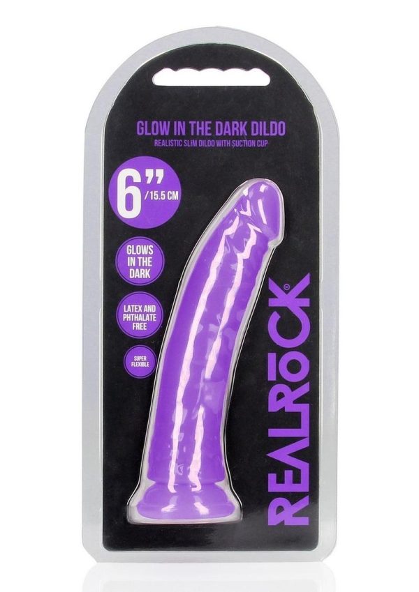 RealRock Slim Glow in the Dark Dildo with Suction Cup 6in - Purple