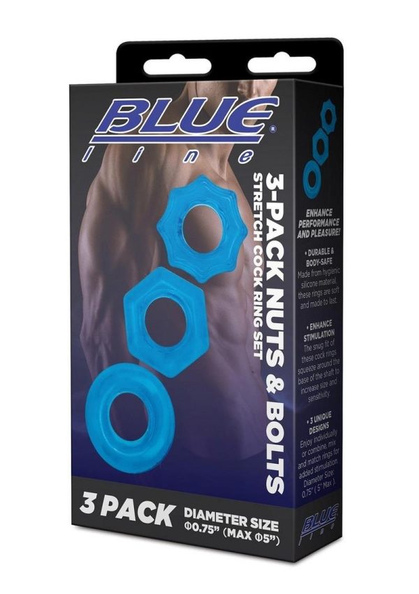 Blue Line Nuts and Bolts Stretch Cock Ring (3 Pack) - Blue