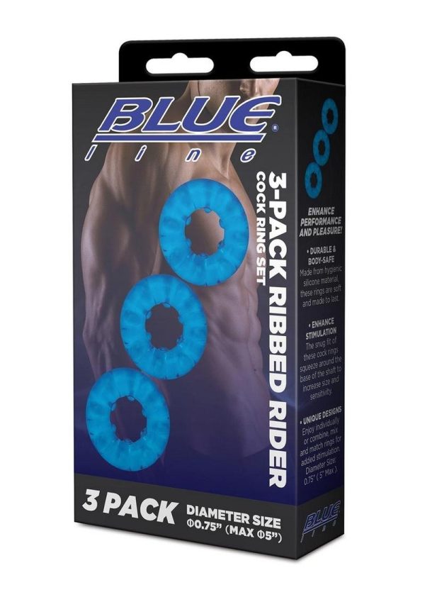 Blue Line Ribbed Rider Cock Ring (3 Pack) - Blue