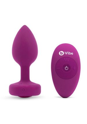 B-Vibe Vibrating Jewel Plug Rechargeable Silicone Anal Plug with Remote - Small/Medium - Fuchsia