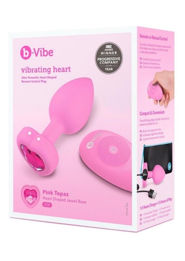 B-Vibe Vibrating Heart Shape Jewel Rechargeable Silicone Anal Plug with Remote - Small/Medium - Pink