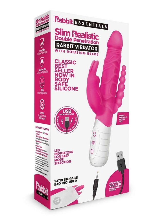 Rabbit Essentials Silicone Rechargeable Slim Realistic Double Penetration Rabbit Vibrator - Hot Pink