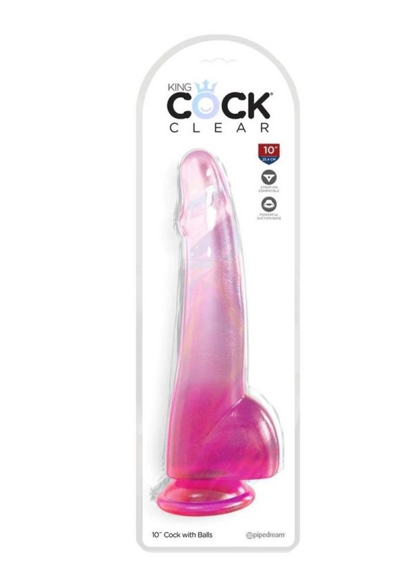 King Cock Clear Dildo with Balls 10in - Pink