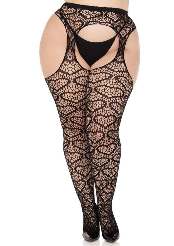 Leg Avenue Heart Net Suspender Hose - 1X/2X - Black