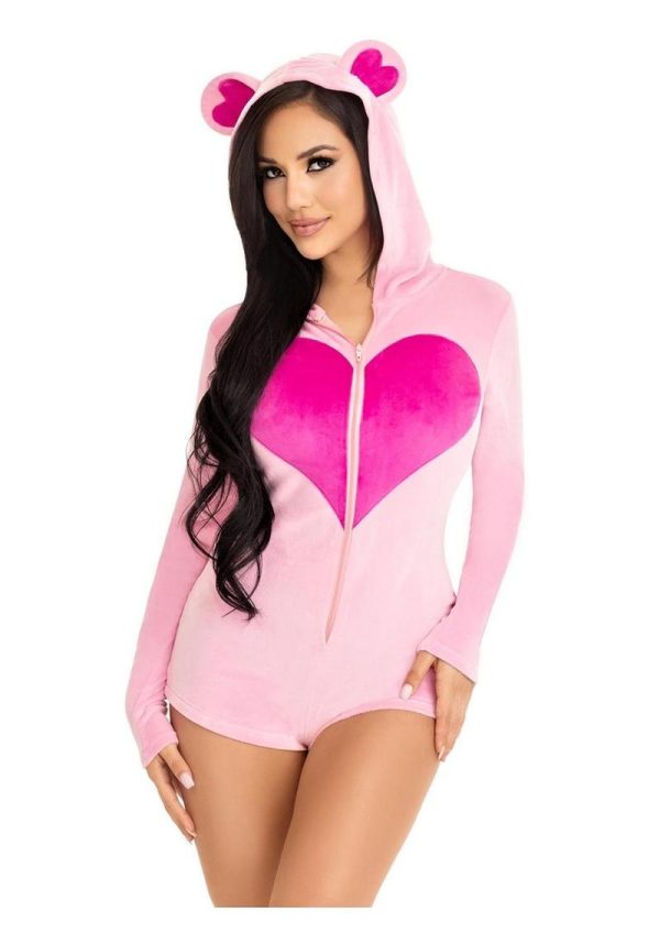 Leg Avenue Sweetheart Bear Velvet Zip Up Romper with Heart Accent - Small - Pink