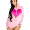 Leg Avenue Sweetheart Bear Velvet Zip Up Romper with Heart Accent - Large - Pink