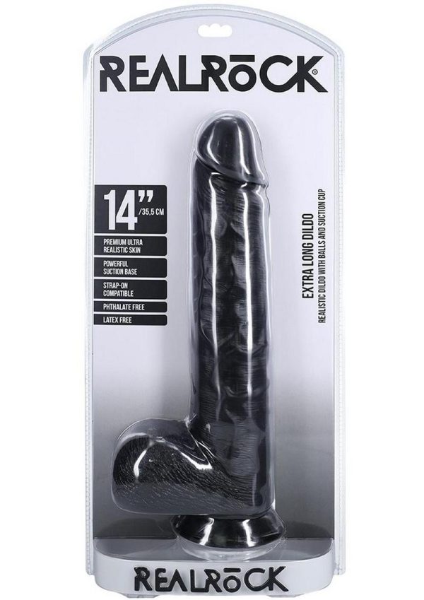 RealRock Ultra Realistic Skin Extra Large Straight Dildo with Balls and Suction Cup 14in - Black