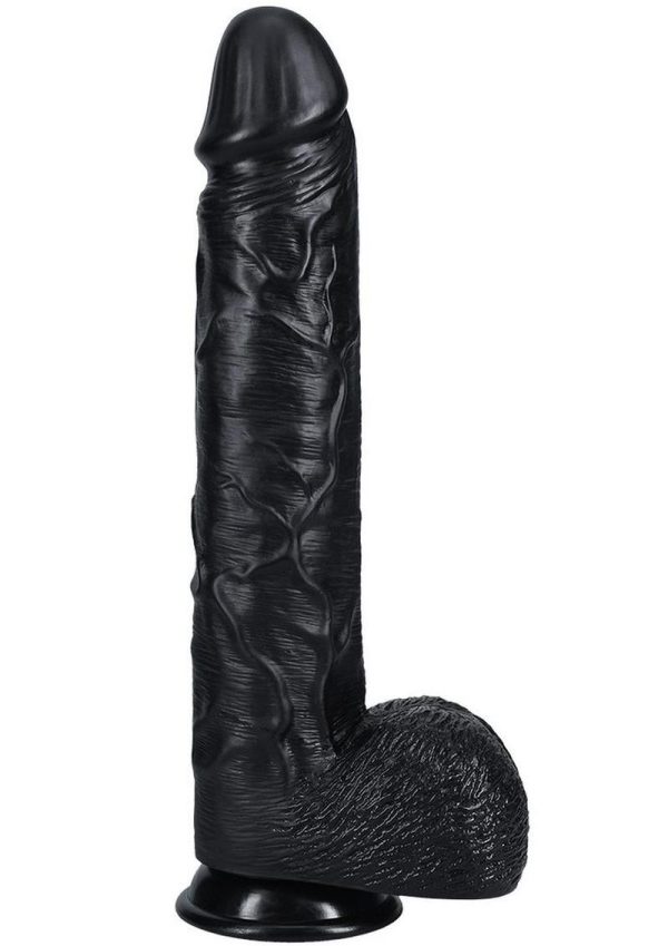 RealRock Ultra Realistic Skin Extra Large Straight Dildo with Balls and Suction Cup 14in - Black