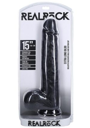 RealRock Ultra Realistic Skin Extra Large Straight Dildo with Balls and Suction Cup 15in - Black